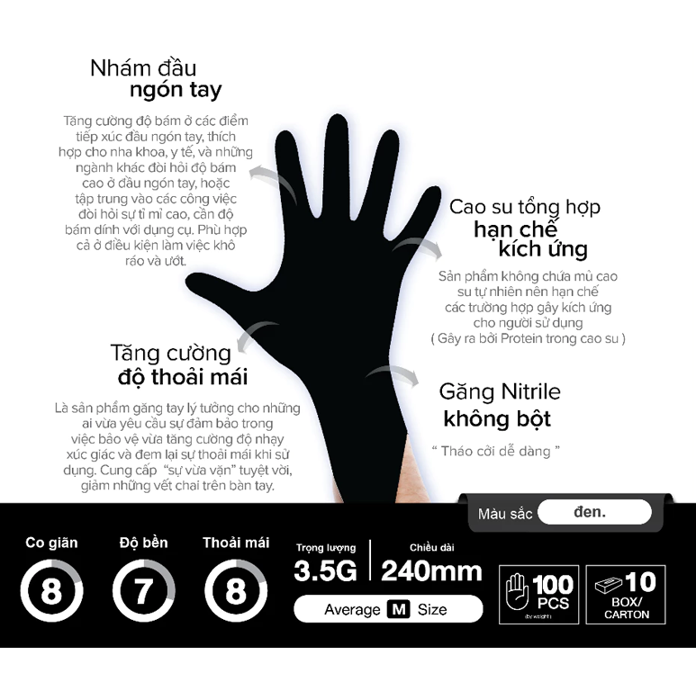 Bao tay y tế Sgloves màu đen dẻo bền